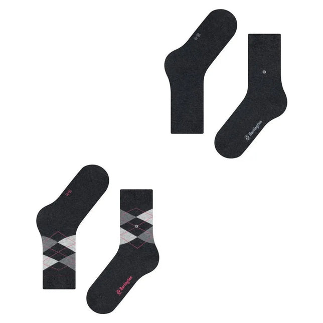 Burlington E.day Mix dames sokken 2-pack in donkergrijs, met een effen paar en een paar met grijs-roze ruitpatroon. - Jambelles