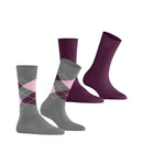 Burlington E.day Mix damessokken 2-pack in marineblauw, met effen sok en rood-lichtblauw ruitdessin en logoknoopjes - Jambelles