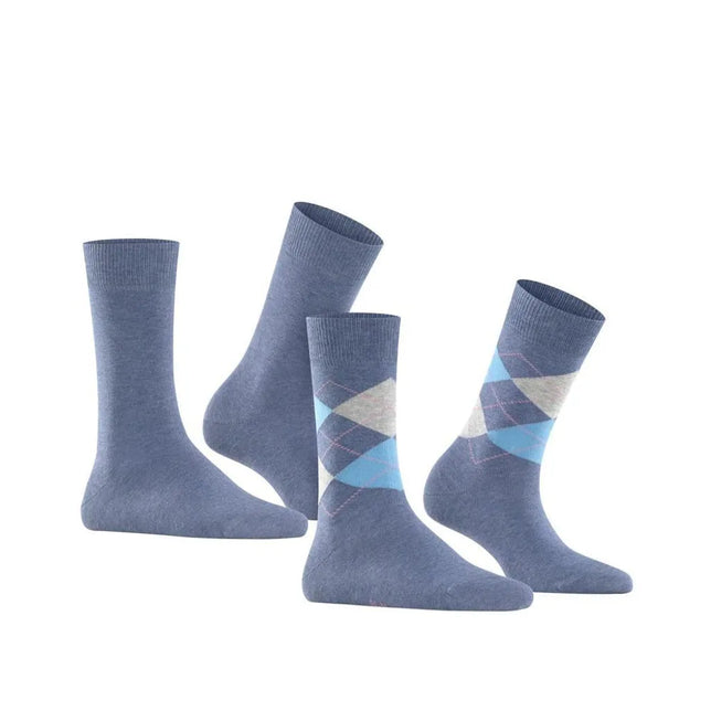 Burlington E.day Mix dames sokken, 2-pack in blauw met een effen paar en een paar met lichtblauw-grijs ruitpatroon. - Jambelles