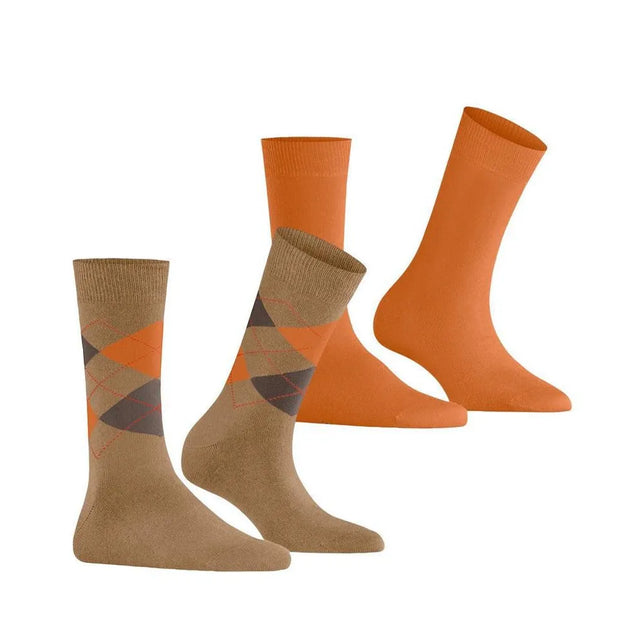Burlington E.day Mix damessokken, 2-pack met effen oranje paar en bruin paar met oranje-grijs ruitpatroon. - Jambelles