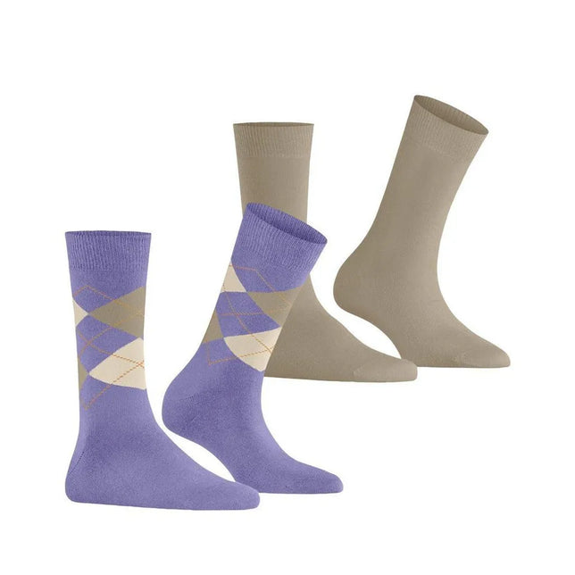 Burlington E.day Mix damessokken, 2-pack in lila met beige ruitpatroon en effen taupe. - Jambelles