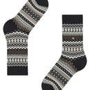 Burlington dames sok Fair Isle 27210 in donkerblauw met grijs-wit geometrisch breipatroon en metalen logo. - Jambelles