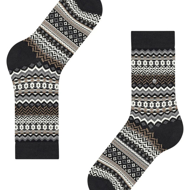 Burlington dames sokken Fair Isle 27210 in zwart met wit, grijs en bruin geometrisch patroon. - Jambelles