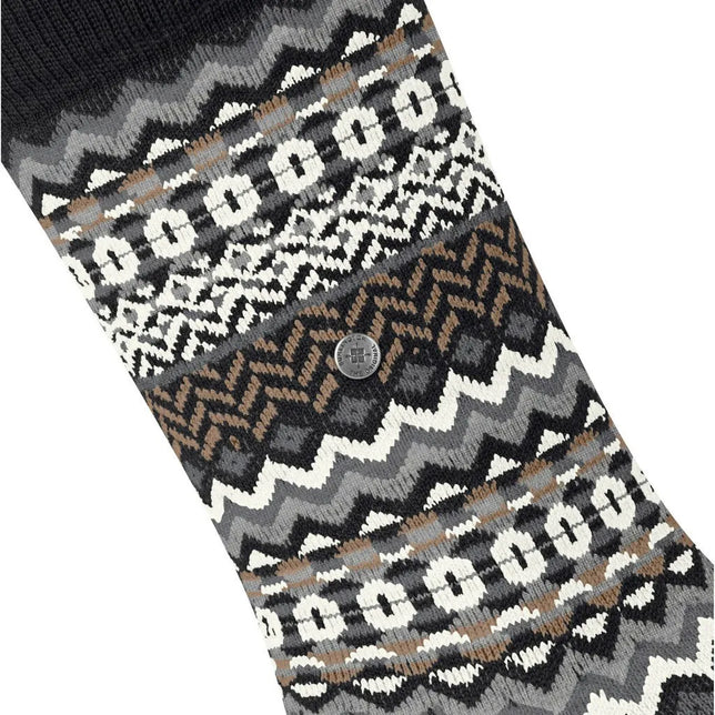 Burlington dames sok Fair Isle Sock 27210, zwart-grijs met crème-bruin dessin en metalen logoknoop. - Jambelles