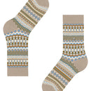 Burlington dames sok Fair Isle 27210 in donkerblauw met grijs-wit geometrisch breipatroon en metalen logo. - Jambelles