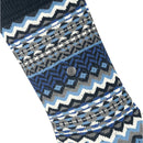 Burlington dames sok Fair Isle 27210 in donkerblauw met grijs-wit geometrisch breipatroon en metalen logo. - Jambelles