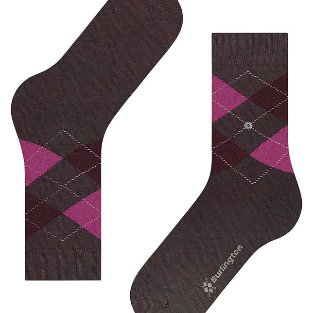 Burlington Marylebone Melange damessokken 22282 in donkerbruin met roze, bordeaux en grijs ruitpatroon. - Jambelles