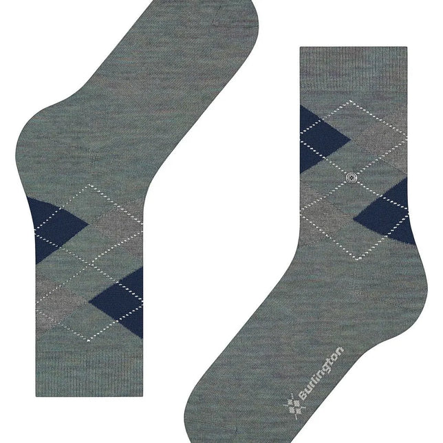 Paar grijze Burlington Marylebone Melange dames sokken met donkerblauw-wit argylepatroon en geribde boord - Jambelles