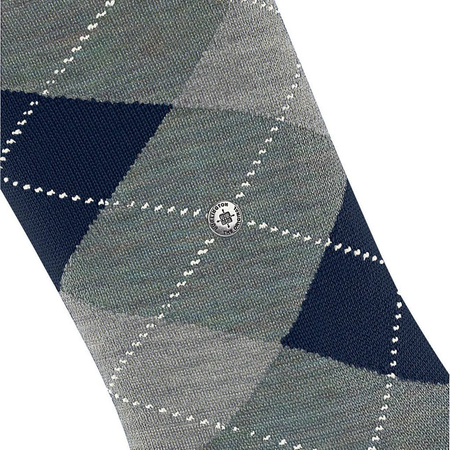 Burlington Marylebone Melange 22282 damessok in grijs, groen en marineblauw met ruiten, witte stippellijnen en logoknoop - Jambelles