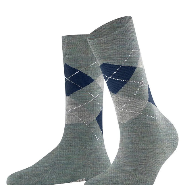 Burlington Marylebone Melange damessokken in grijs met donkerblauwe ruiten, witte stippellijnen en klein logo. - Jambelles