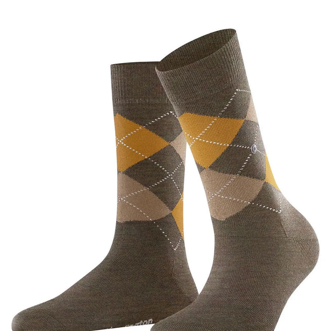 Burlington Marylebone Melange damesokken in bruin met mosterdgeel en beige ruitpatroon en witte stippellijnen. - Jambelles