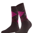 Burlington Marylebone Melange damessok in donkerbruin en roze met argylepatroon en metalen logoknoop. - Jambelles