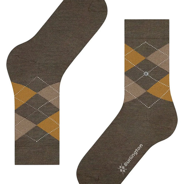 Burlington dames sokken Marylebone Melange 22282 in bruin met beige en okergeel ruitpatroon en merklogo. - Jambelles