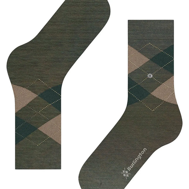 Paar Burlington Marylebone Melange 22282 damesokken, olijfgroen met beige en donkergroen argylepatroon en logoknoop - Jambelles
