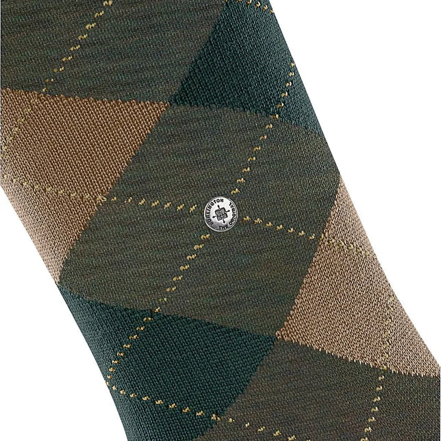 Burlington Marylebone Melange dames sok 22282 in donkergroen en beige met ruitpatroon en metalen logoknoop. - Jambelles