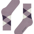 Burlington dames sok Marylebone 22073 in paars met grijs-lila ruitpatroon, roze stiksels en metalen logo. - Jambelles