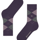 Burlington dames sok Marylebone 22073 in paars met grijs-lila ruitpatroon, roze stiksels en metalen logo. - Jambelles