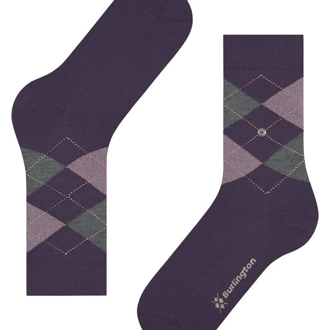 Burlington Marylebone Sock 22073 dames sokken in donkerpaars met groen-roze ruitpatroon en metalen logo-embleem - Jambelles