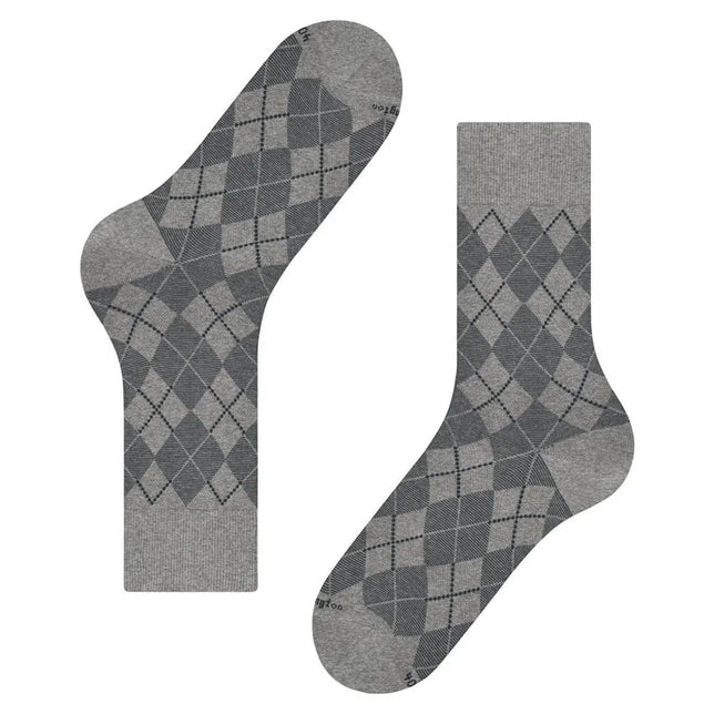 Burlington Carrington herensokken in grijs met donkergrijs argylepatroon en effen boorden, hielen en tenen. - Jambelles