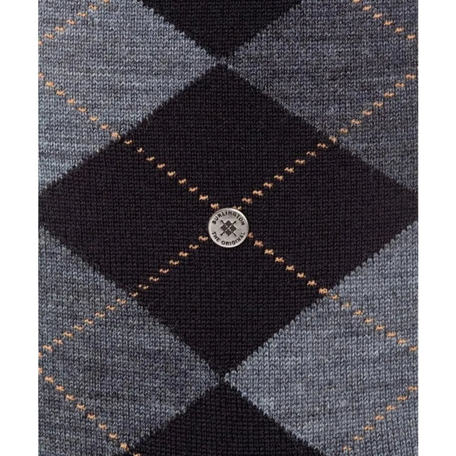 Burlington heren sokken Edinburgh SO 21182 in grijs met zwart ruitpatroon, beige stiksels en metalen logo-embleem. - Jambelles
