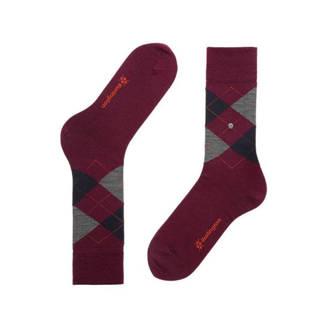 Paar Burlington herensokken Edinburgh SO 21182 in bordeauxrood met grijs-donkerblauw ruitpatroon en logo - Jambelles