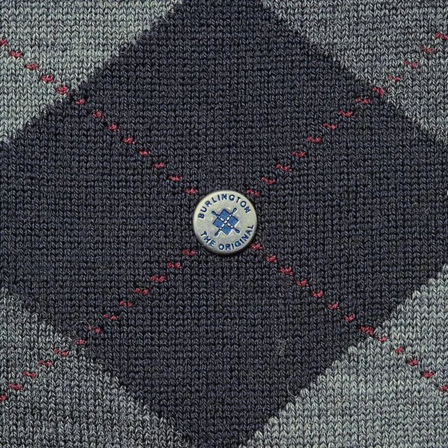 Burlington heren sokken Edinburgh SO 21182 in donkergrijs met lichtgrijze ruiten, rode stiksels en logo. - Jambelles
