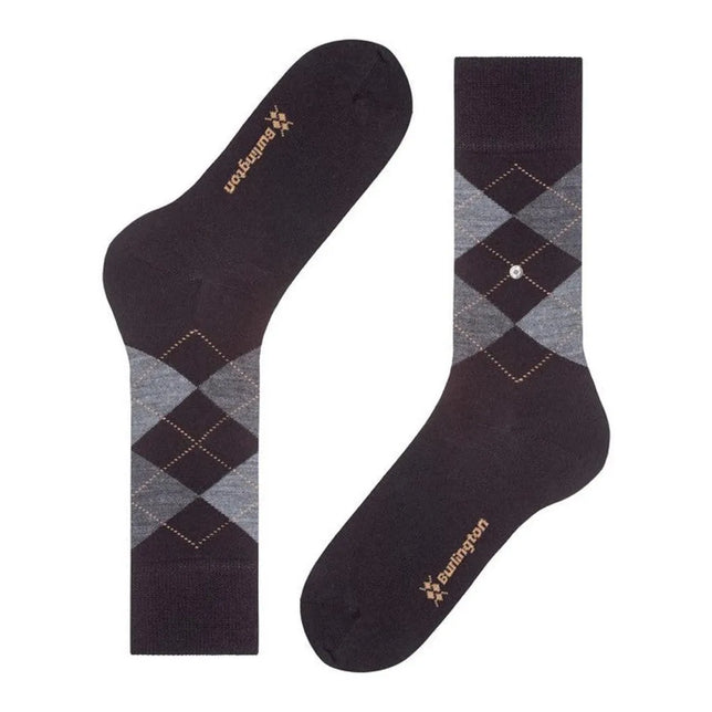Burlington herensokken Edinburgh SO 21182 in donkerbruin met grijs ruitpatroon en metalen logoknoop. - Jambelles