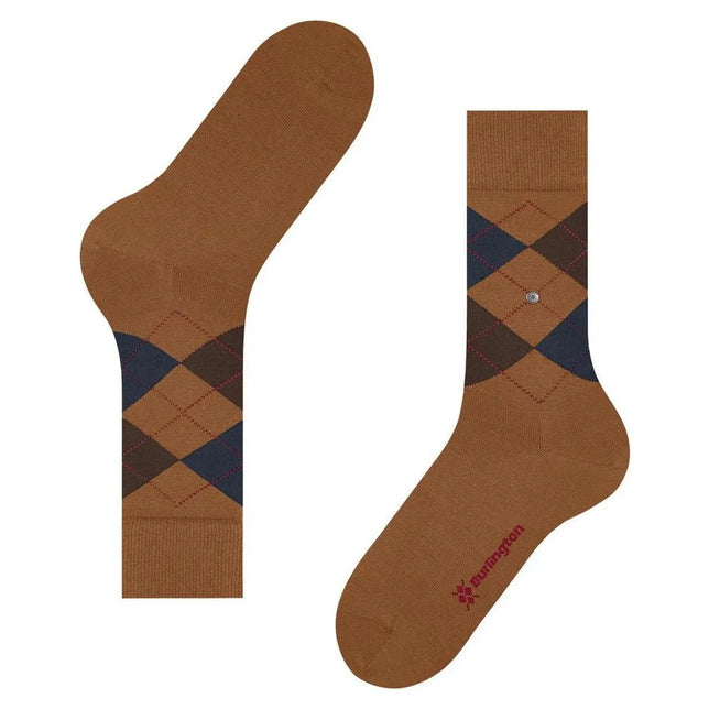 Bruine Burlington Edinburgh SO 21182 herensokken met donkerblauw en donkerbruin ruitpatroon en metalen merkdetail - Jambelles