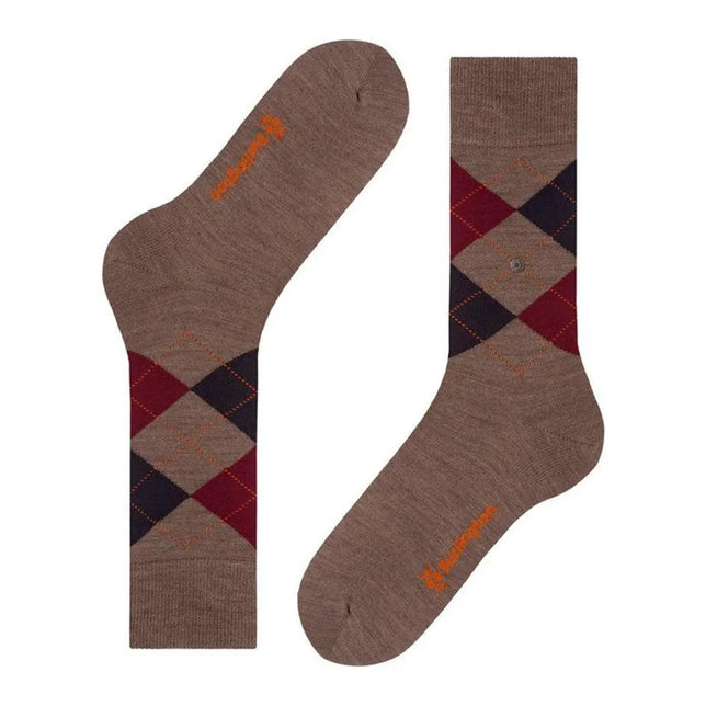 Burlington heren sokken Edinburgh SO 21182 in bruin met bordeaux-blauw argylepatroon en oranje stiksels - Jambelles