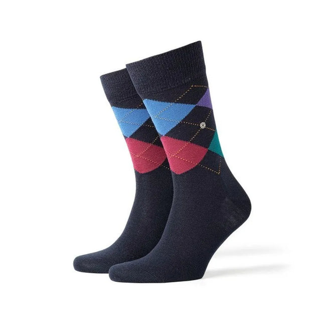 Burlington Edinburgh SO 21182 herensokken in donkerblauw met blauw, roze en paars argylepatroon en logoknoopje. - Jambelles