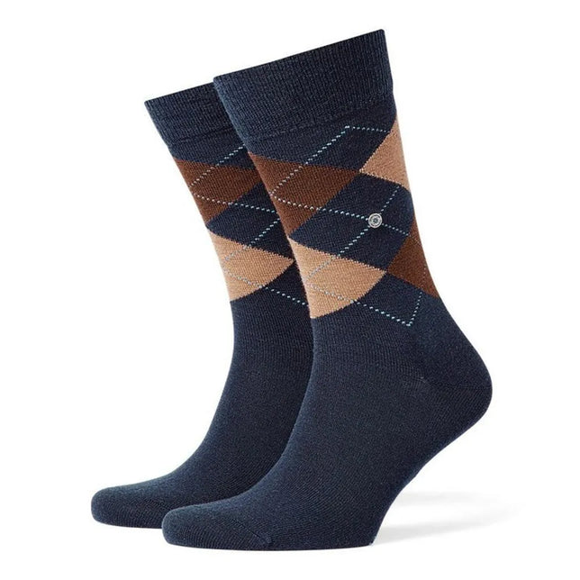 Twee donkerblauwe Burlington Edinburgh herensokken met bruin-beige ruitpatroon, stippellijnen en logo. - Jambelles