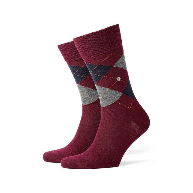 Paar Burlington Edinburgh SO 21182 herensokken in bordeauxrood met grijs-blauw ruitpatroon en geribde boord - Jambelles