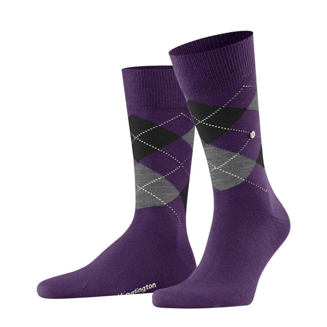 Paarse Burlington herensokken Edinburgh SO 21182 met zwart-grijs argylepatroon en witte stippellijnen. - Jambelles