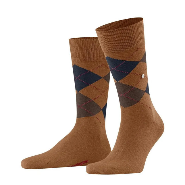 Bruine Burlington herensokken Edinburgh SO 21182 met donkerblauw-grijs ruitpatroon en rode stiksels - Jambelles