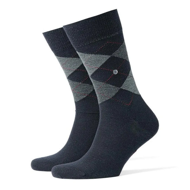 Burlington heren sokken Edinburgh SO 21182 in donkerblauw met grijs ruitpatroon, rode stiksels en logo - Jambelles