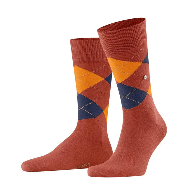 Burlington heren sokken Edinburgh SO 21182 in roestbruin met oranje en donkerblauw argylepatroon. - Jambelles