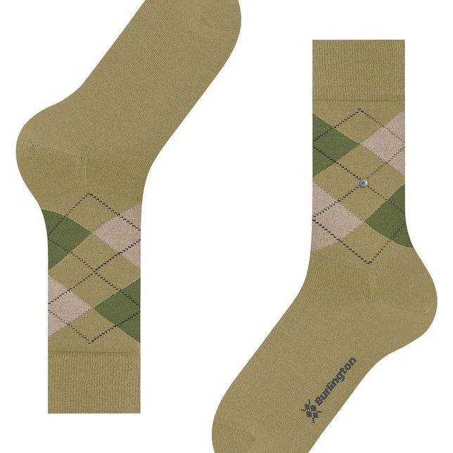 Burlington Edinburgh 21125 herensokken in kaki met beige en groene argyle-ruiten en metalen logo-embleem - Jambelles
