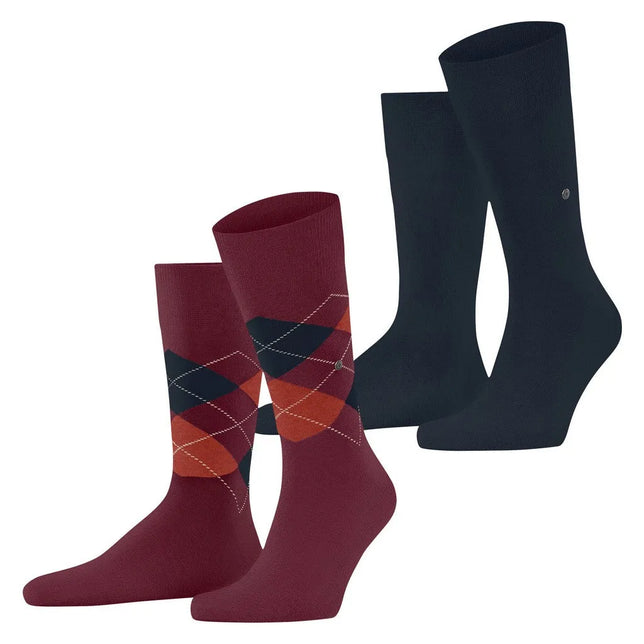 Burlington Everyday Mix 2-pack herensokken, bordeauxrood met ruitmotief en effen donkerblauw. - Jambelles