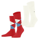Burlington Everyday Mix herensokken 2-pack in bordeaux en donkerblauw, met oranje argyle-ruitpatroon en metalen logo. - Jambelles