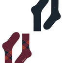 Burlington Everyday Mix herensokken 2-pack in bordeaux en donkerblauw, met oranje argyle-ruitpatroon en metalen logo. - Jambelles