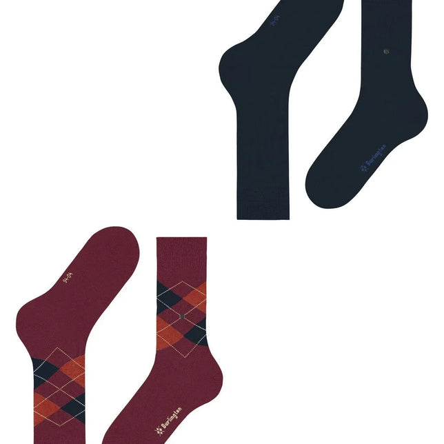 Burlington Everyday Mix 2-pack herensokken: effen donkerblauw en bordeauxrood met oranje-blauw ruitpatroon. - Jambelles