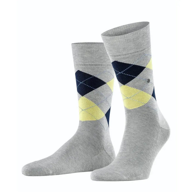 Burlington Manchester Sock 20182 herensokken in grijs met donkerblauw en lichtgeel argylepatroon - Jambelles
