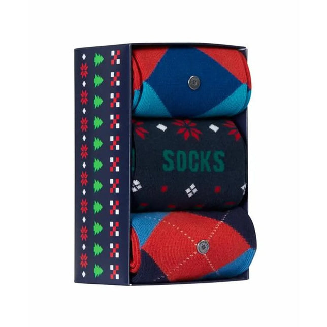 Burlington Mens Gift Pack 3P Xmas met drie paar herensokken in blauw, rood en zwart, met ruiten en kerstmotieven. - Jambelles