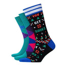 Burlington herensokken giftpack met 3 paar: turquoise-paarse ruiten en zwart met kerstmotieven en tekst SOCKS. - Jambelles