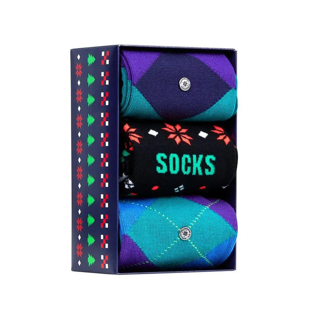 Burlington herensokken Gift Pack 3P Xmas met drie paar in turquoise, paars en zwart, met ruiten en kerstmotieven. - Jambelles