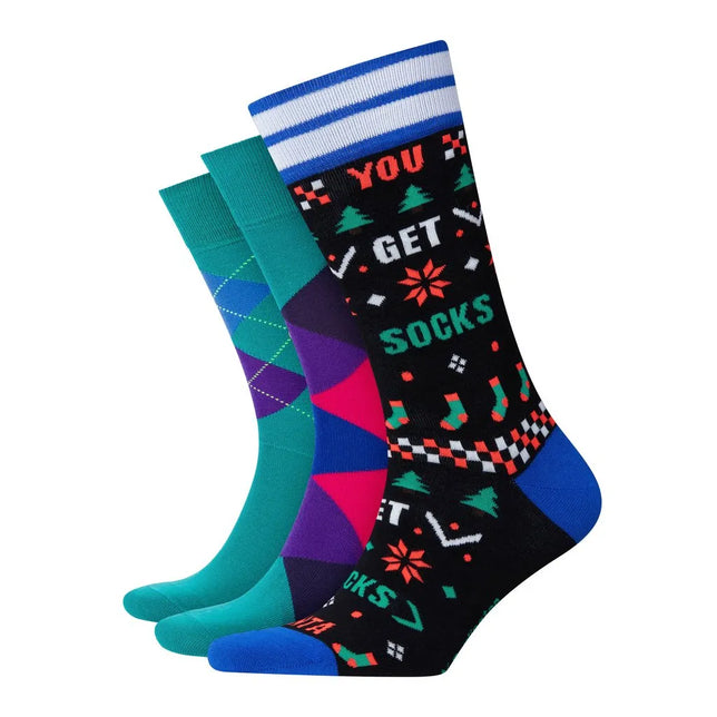 Burlington heren sokken Gift Pack 3P Xmas, drie paar in zwart, turquoise en blauw met ruiten en kerstmotieven. - Jambelles