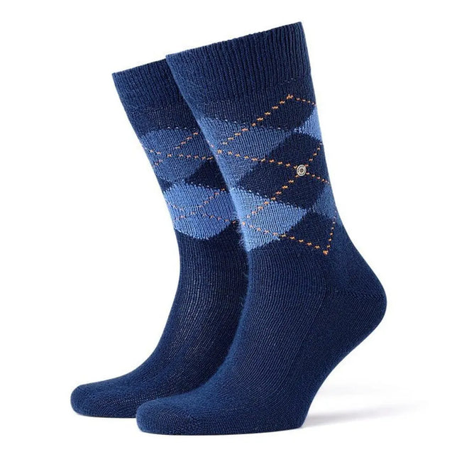 Paar Burlington Preston SO 24284 herensokken in donkerblauw met lichtblauw ruitpatroon en oranje stikdetails - Jambelles