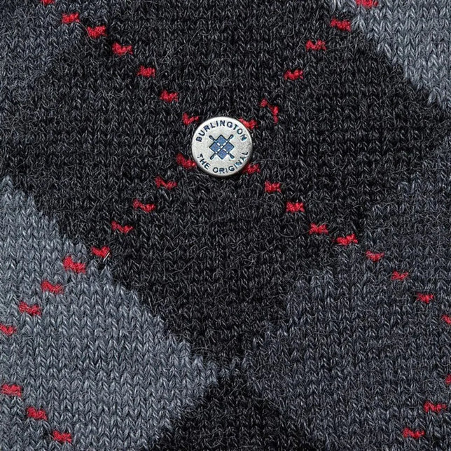 Burlington herensokken Preston SO 24284 in donkergrijs met grijs ruitpatroon, rode accenten en logoknoop. - Jambelles