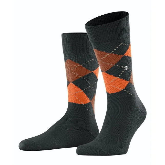 Burlington heren sokken Preston SO 24284 in donkergroen met oranjebruin argylepatroon en geribde boorden. - Jambelles