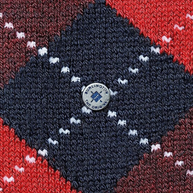 Burlington herensok Preston SO 24284 in donkerblauw, rood en bordeaux met ruitmotief, witte details en logoknoop. - Jambelles
